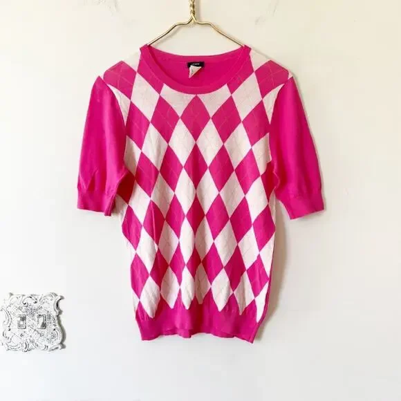 J. Crew Y2K Preppy Hot Pink Argyle Short Sleeve Lightweight Sweater M