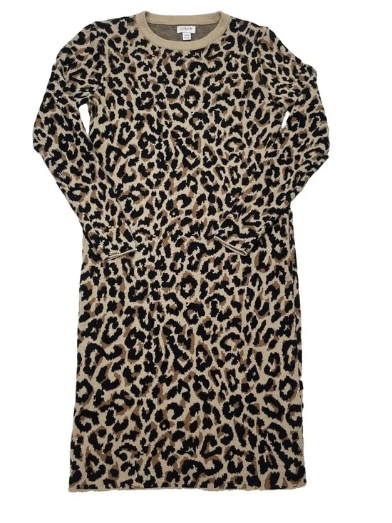 J.Crew Womens Size XXS Leopard Print Midi Sweater Dress Brown Tan Animal Print