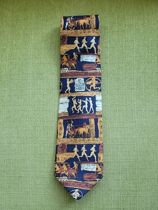 Alynn Neck Wear . Silk Men's Necktie with Classical Greek Motif - Navy & Gold