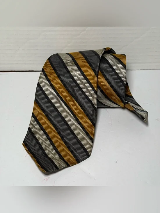 Vintage Yves Saint Laurent Silk Tie Gold Grey Black Herringbone Striped YSL 3.5
