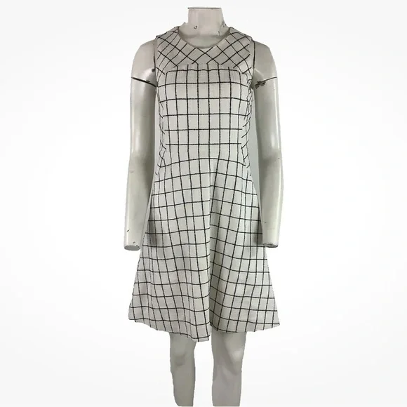 J Crew Sz 2 Windowpane Print A-Line Business Casual Dress Blue White Cotton