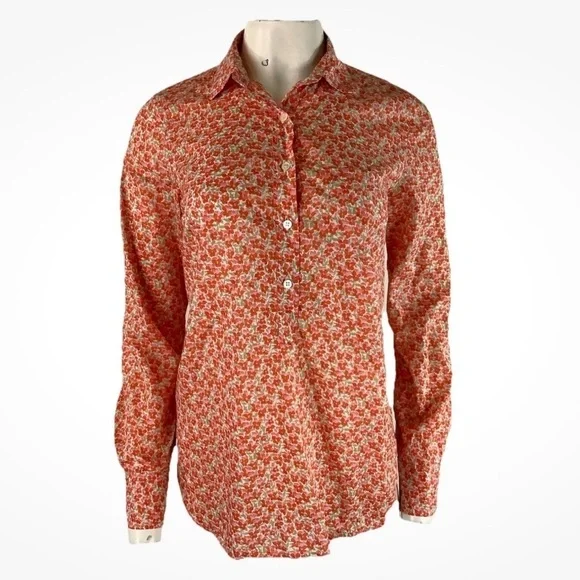 J Crew Sz 2 All Over Floral Print Long Sleeve Popover Preppy Top Orange Pink