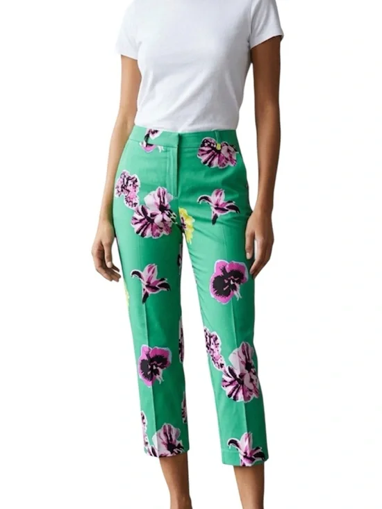 J.Crew Green Floral Ankle Cropped Straight Leg Casual Preppy Pants Size 0