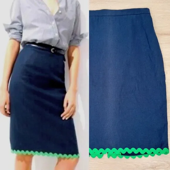 J.Crew Navy Blue Green Ric Rac Linen Retro Preppy Twee Revival Pencil Skirt Sz 6