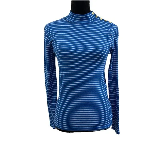 J. Crew Womens S Top Mockneck Blue White Striped Long Sleeve 100% Cotton