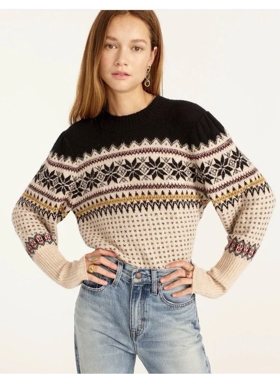 Jcrew Fair Isle Puff-Sleeve Crewneck Sweater in Supersoft Yarn - XS 🖤🩶🤎🤍