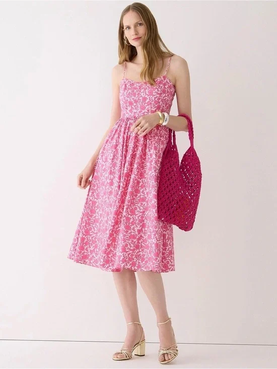 NWT - J. Crew - A-line Cotton Poplin Midi Dress in Rosebud Floral Cupcakes Blush