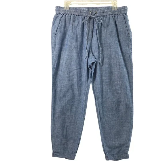 J.Crew Pants Women 10‎ Blue Chambray Drawstring Cuffed Tapered Coastal Nautical