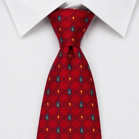 Harold Powell Silk Necktie‎ Mens OS Red Paisley Diamond Handmade Italy Wide Tie