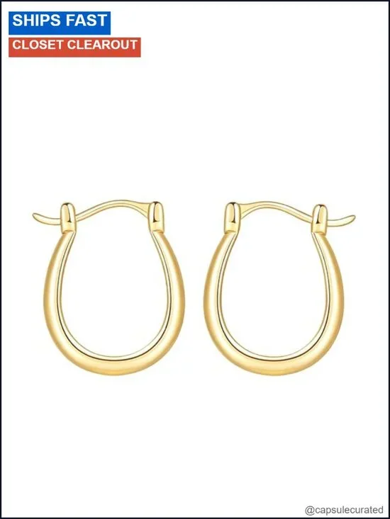 14K Gold Plated U-Shaped Hoop Earrings Women Minimalist Everyday 14K Gold Plated