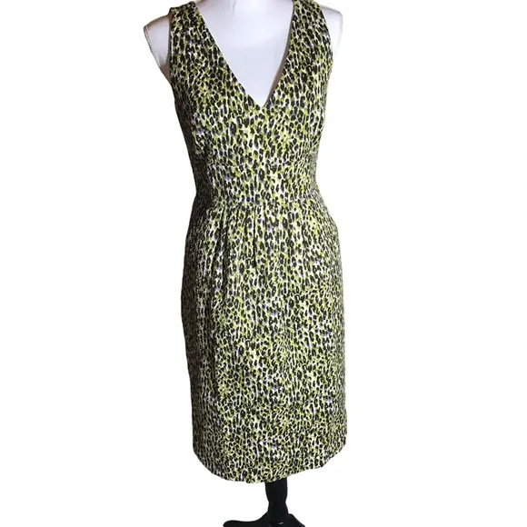J. Crew Fabiola Green Animal Print Sleeveless Dress‎ Size 6 Cocktail Pockets
