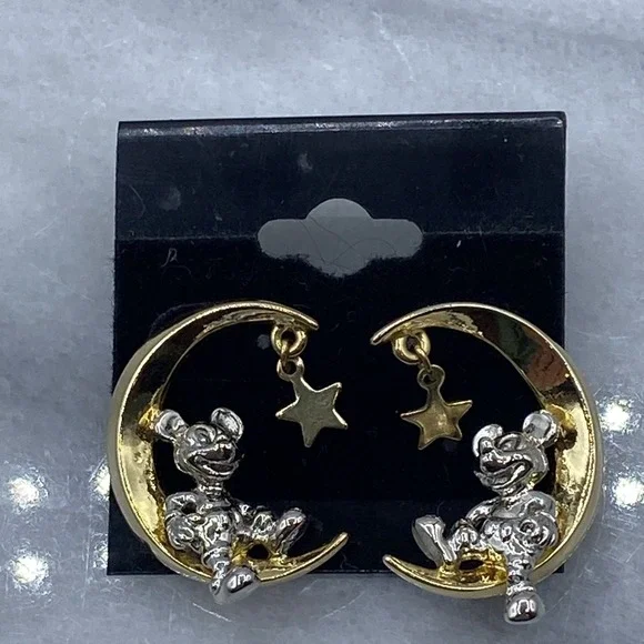 Disney Womens OS Earrings Gold Silver Mickey Mouse Moon Star Dangle Studs