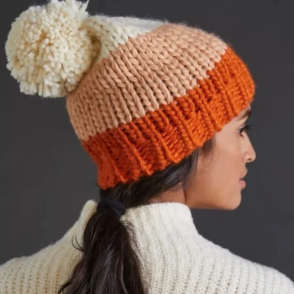 Anthropologie Colorblock Pom Beanie Orange Tan Cream Chunky Knit New with‎ Tags!