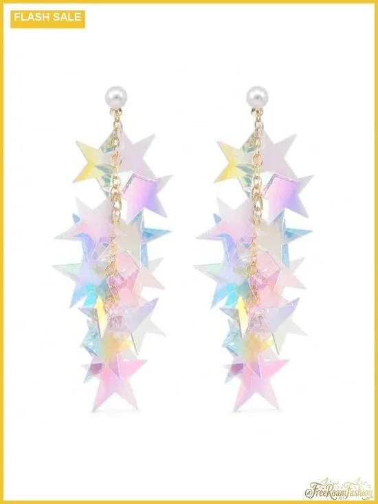 Holographic Star Tassel Dangle Earrings Faux Pearl Gold-Tone Chain Acrylic