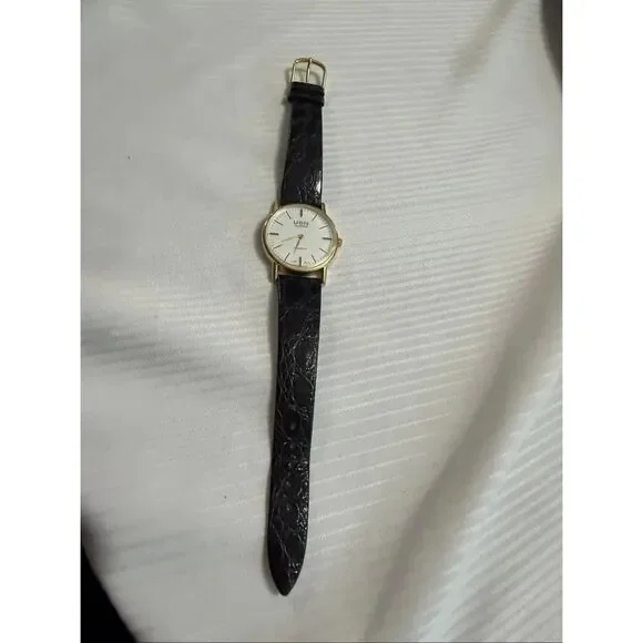 VTG USN Classic Swiss Quartz Watch Men Gold Tone White Leather Analog Needs Batt