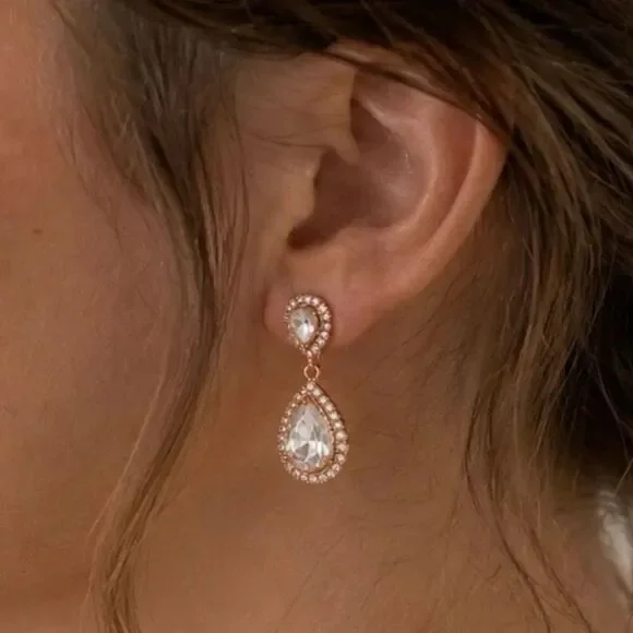 Rose Gold Tone Teardrop Bridesmaid Earrings with Pavé Halo