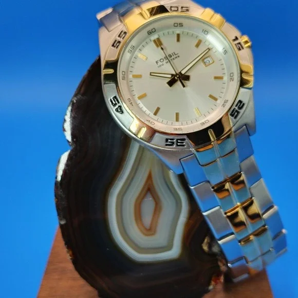 New! Vintage 2001 Fossil PR-5340 Two‎ Tone Date 40mm Mens Quartz Watch Full Set