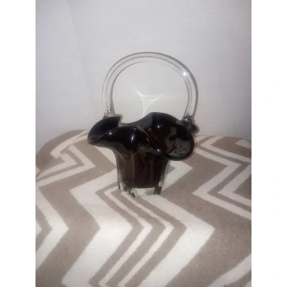 Dark Ruby Red Murano Style Hand Blown Glass‎ Ruffled Basket Vtg
