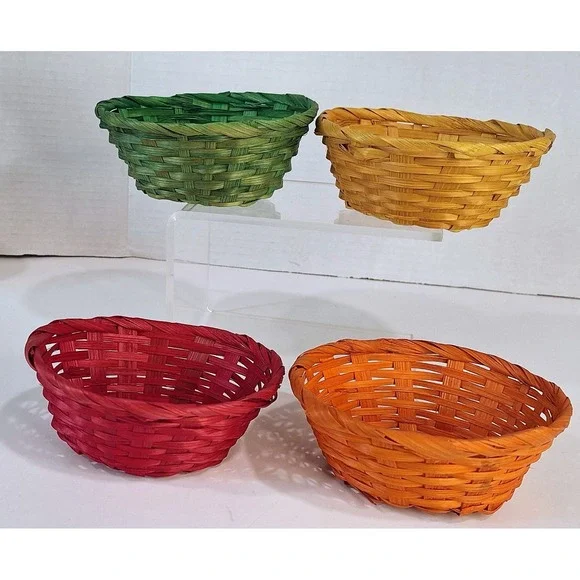 Vintage Colorful Woven Bamboo Baskets Set of 4 Red Orange Yellow Green Taiwan‎