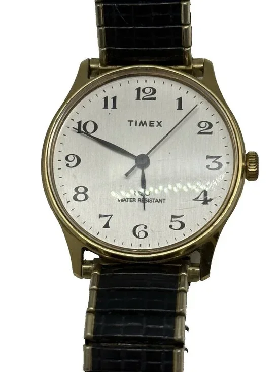 Vtg Timex Men's Two Tone Watch White Face Black Gold Stretch Spiedel Bracelet