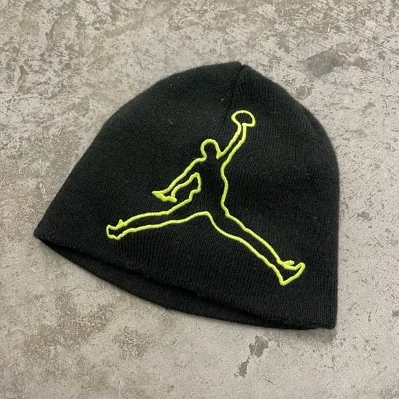Jordan Youth Beanie Black Neon Yellow Jumpman Logo Knit Hat 1554-982-316
