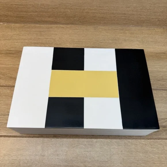 Handmade Wood Storage Stash Trinket Box Black Yellow White Geometric Hinged READ