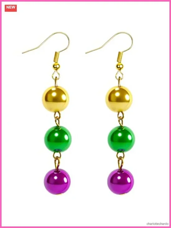 Mardi Gras Beaded Dangle Earrings Gold Plated Stainless Steel French Hook