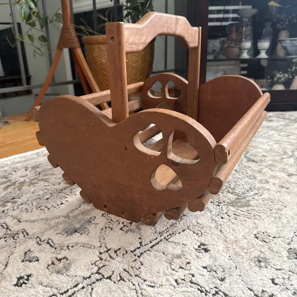 Vintage Wooden Heart Basket Handmade USA Decor Storage Large 15