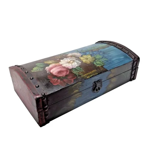 Vtg Hand-Painted Wooden Trinket/Jewelry Box Floral Design‎ Humpback Lid Lined