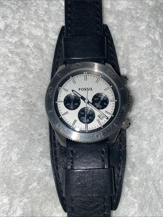 Fossil Black Leather Chronograph with Silver Dial