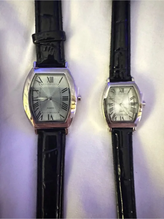 Classic Black Leather Strap His AND Hers Watches 2-for 1 with Silver-Tone Case