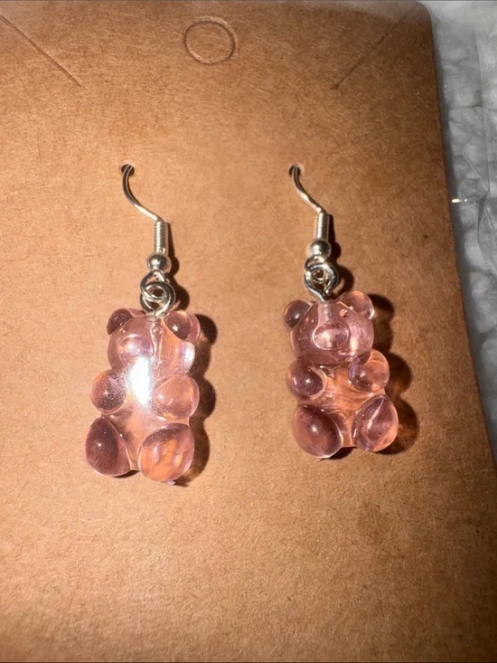 Pink Gummy Bear Drop Earrings with Silver Hooks - Women Jewelry