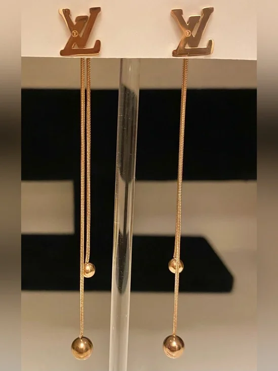 Fashion Jewelry 14K Gold Plated Long Drop Chain -Logo L-V Earrings lot 2