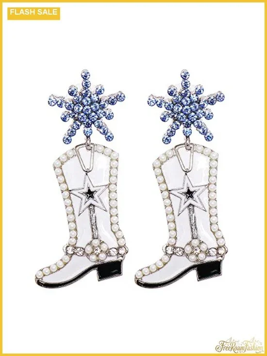 CZ Snowflake Cowgirl Boot Dangle Earrings Cubic Zirconia Western Drop