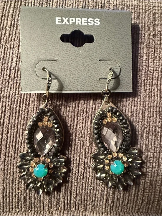 Express Gold-Tone Teardrop Earrings with Turquoise and Gray Stones