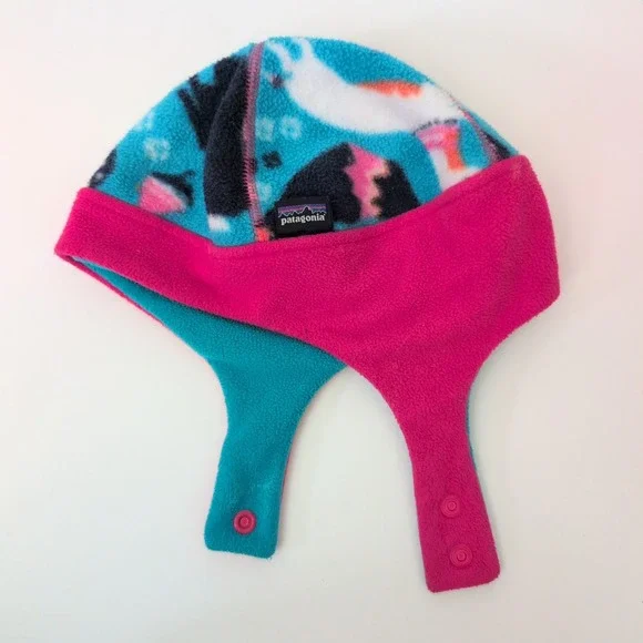 Patagonia‎ Baby Synchilla Fleece Earflap Hat Penguin Print Pink Blue Toddler