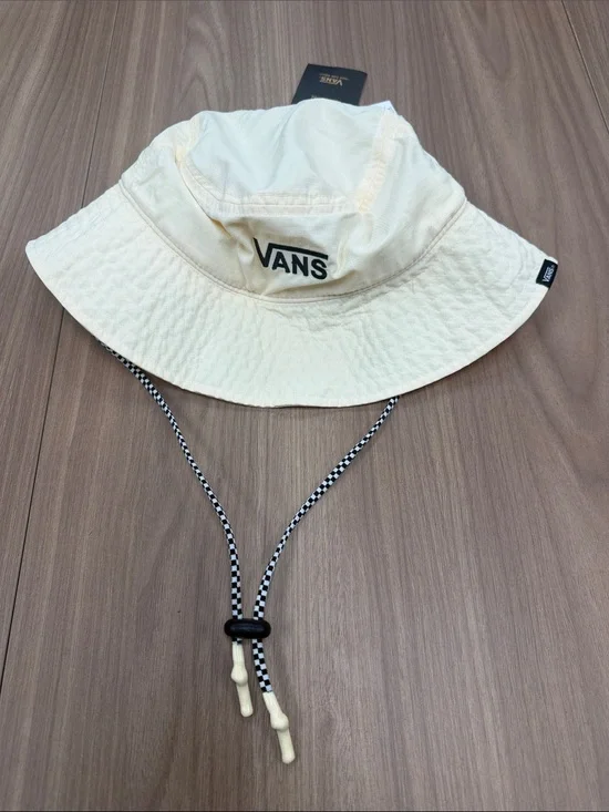 Vans Cream Bucket Hat with Checkered Chin Cord