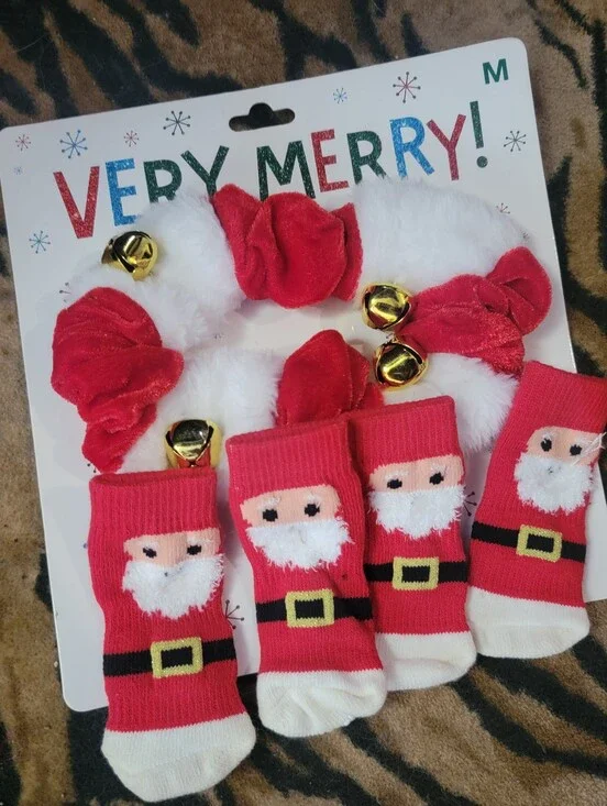 Pets Dog Christmas Santa Socks & Jingle Bell Collar Set Sz Med