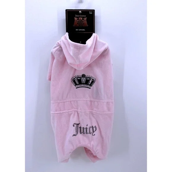 Juicy Couture Pink Velour Dog Tracksuit Crown Rhinestone Hoodie M/L Dog Pet