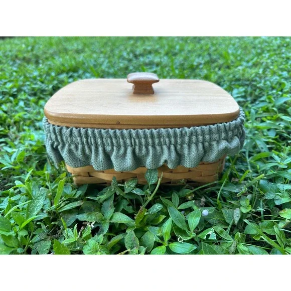 Longaberger Handwoven Basket with Wood Lid and Sage Green Fabric Liner