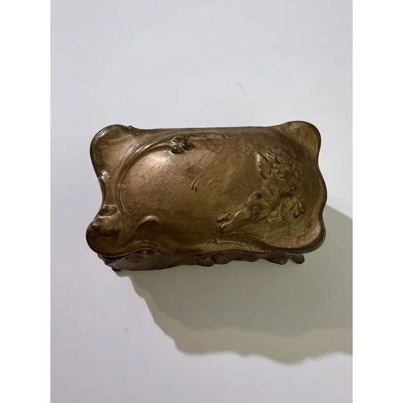 Metal Art Nouveau Angel Cherub Jewelry Casket Trinket box Gold Tone 5
