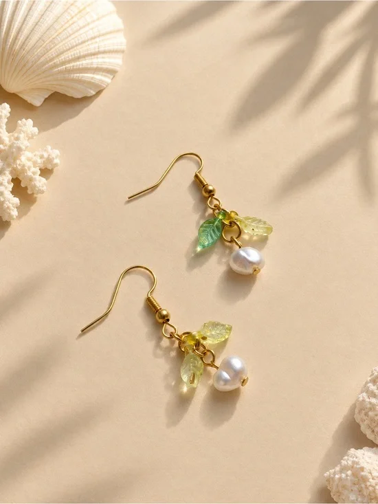 Elegant Gold Pearl & Green Leaf Dangle Earrings