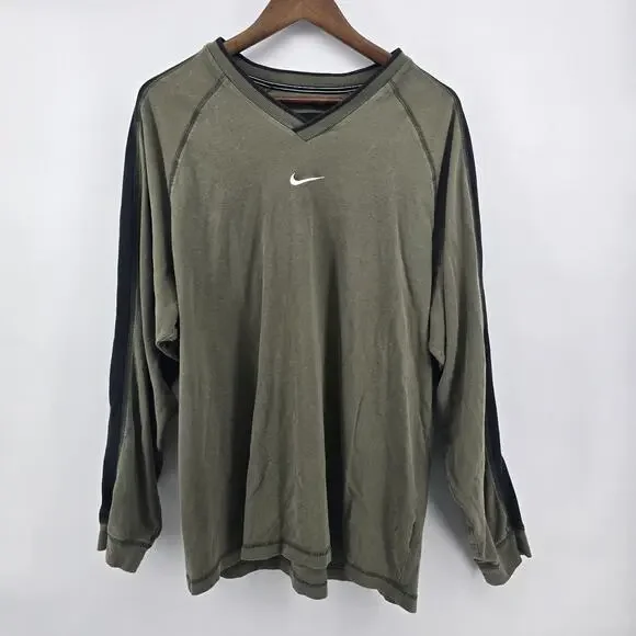 Vintage Nike Shirt‎ Mens L Green Center Swoosh Logo Y2K Long Sleeve Athletic