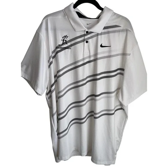Nike Golf‎ Dri-FIT Mens XXL Polo Shirt White Grey Striped FA Basketball Logo