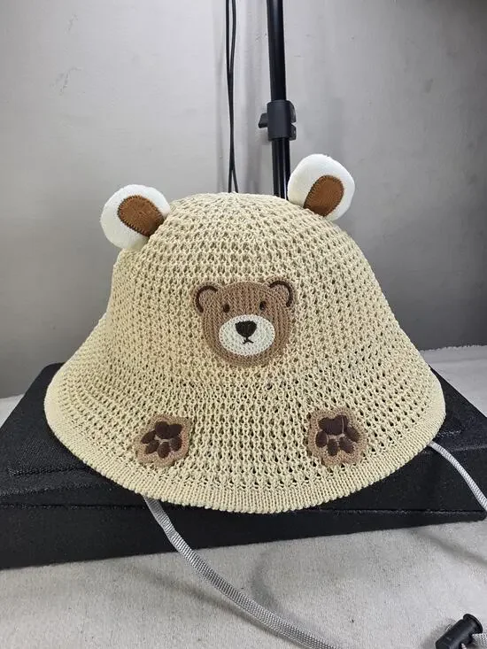 Baby Toddler Bear Bucket Hat Crochet Sun Hat with Ears Paw Beige Adjustable