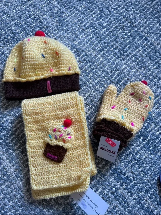 Toddler Hand Knit Yellow Cupcake Knit Hat, Scarf & Mitten Set from Amsterdam