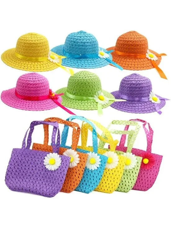 6 Sets Girls' Straw Sun Hat & Purse - Perfect for Tea Parties, Birthdays