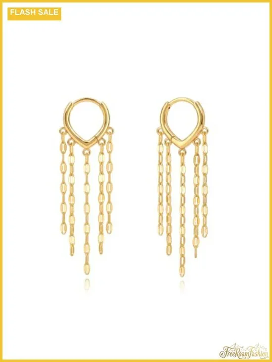 14K Gold Plated Stainless Steel Dangle Hoop Earrings Tassel Chain