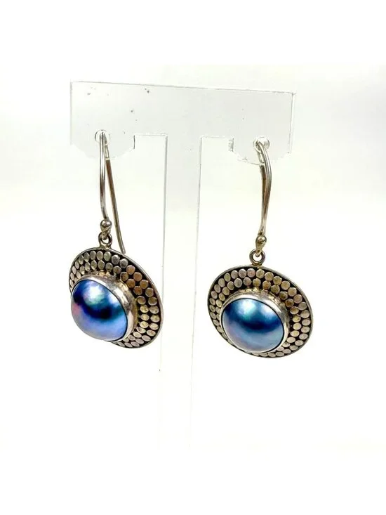 Sterling Silver Blue Pearl Round Fish Hook Dangle Textured Dotted Earrings