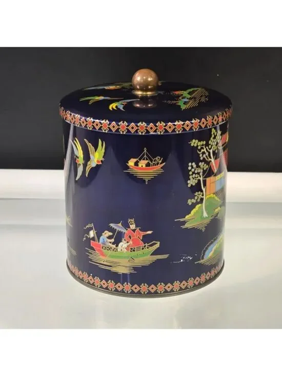 Vintage Daher Design Candy Biscuit Tin Made in England Navy Blue Asian Themed